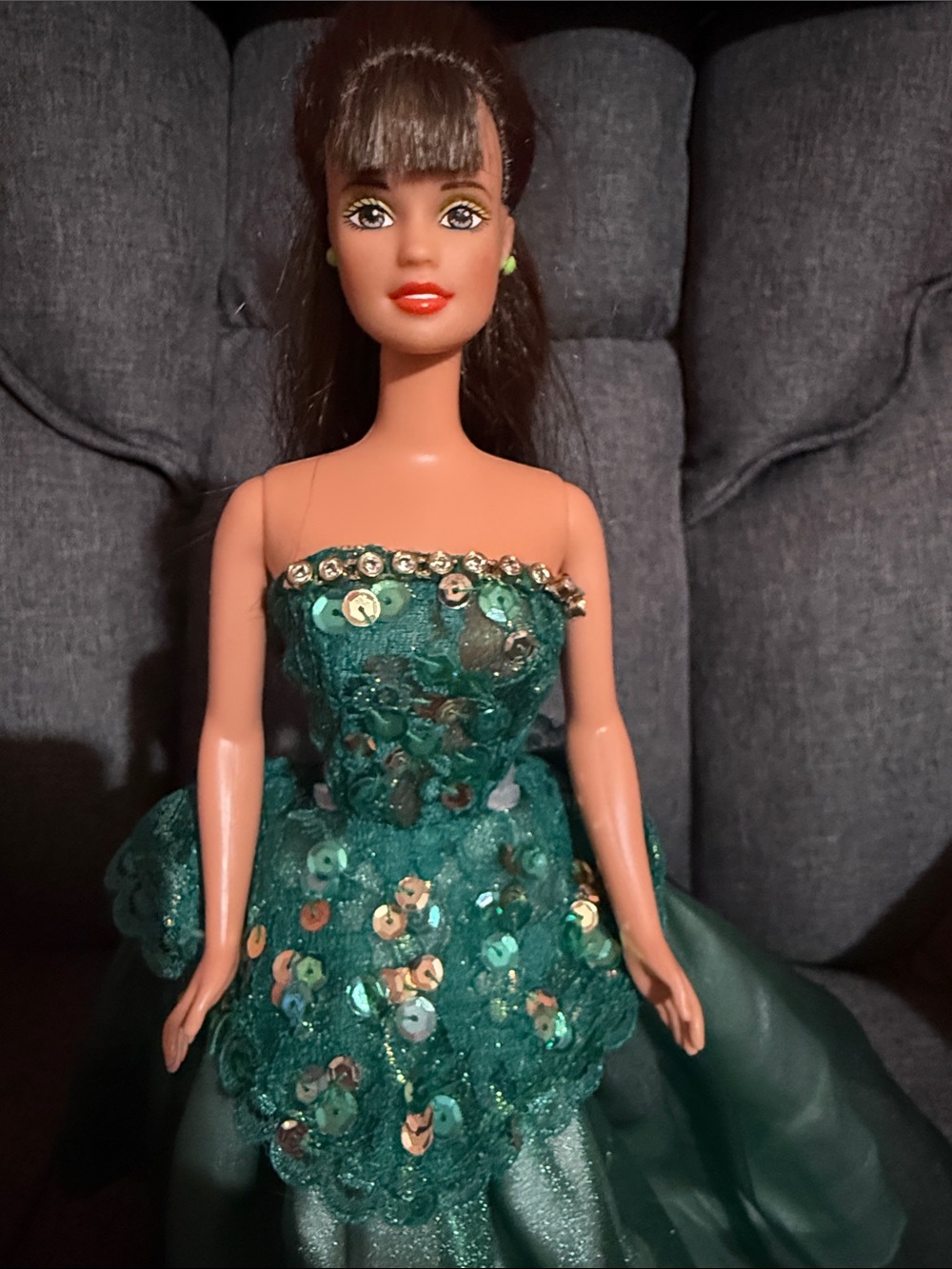 BeautifulBrunette Barbie Doll in gorgeous, sparkling Green Sequin Lace Ball Gown - Picture 2 of 8